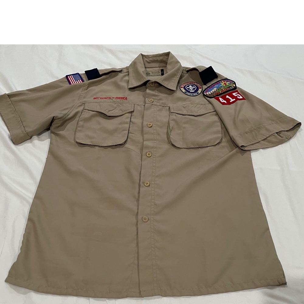 Boy Scouts of America BSA Uniform Shirt Youth XL Tan Short Sleeve Patches 415